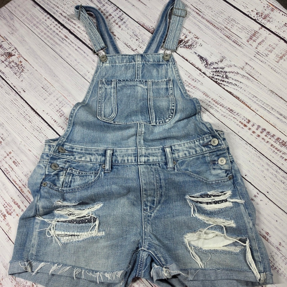 American Eagle Denim Shortalls Womens Small Blue Excellent Distressed Overalls